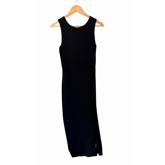 Pact Organic Midi Dress Womens Large L Black Slit Twist Open Back Minimalist NEW - Picture 1 of 6